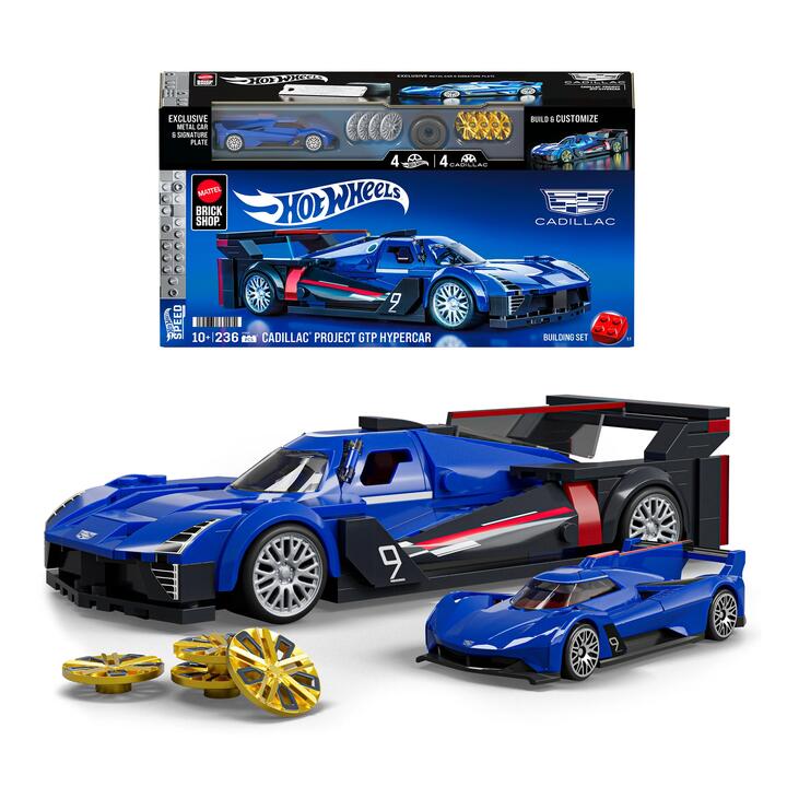 Image of Toy Cars. Product name - Mattel Brick Shop Hot Wheels Cadillac Project GTP Hypercar Building Set in colour by brand - Mattel Brick Shop