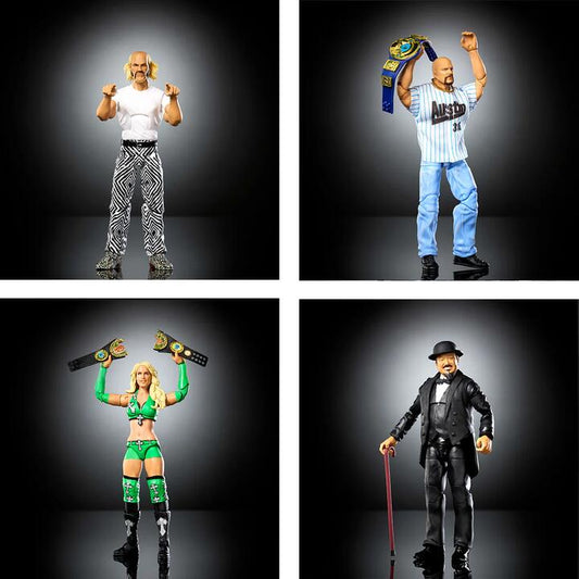 Image of Action Figures. Product name - Bundle: WWE Elite Legends 4 Action Figures, Stone Cold Steve Austin, Jesse The Body Ventura, Mr Fuji and Michelle McCool in colour by brand - WWE