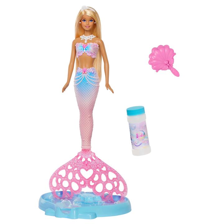 Image of Dolls. Product name - Barbie Bubble Sparkle Mermaid Doll with Bubble-Making Feature, Includes Bubble Solution & Hairbrush in colour by brand - Barbie