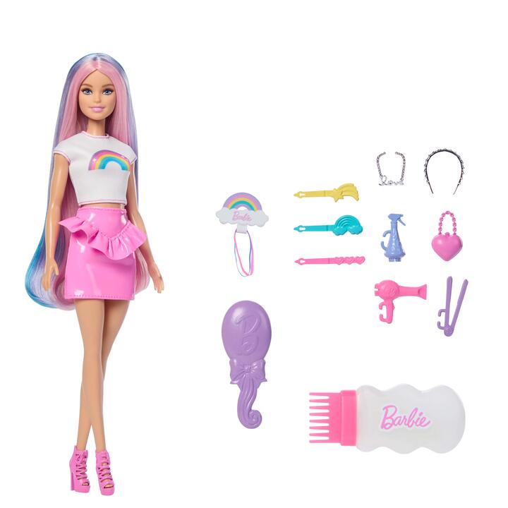 Image of Dolls. Product name - Barbie Rainbow Sparkle Hair Fashion Doll with Extra-Long Hair and 12 Styling Accessories in colour by brand - Barbie