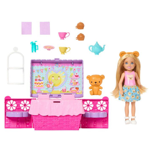 Image of Dolls. Product name - Barbie Family & Friends Club Chelsea Pop-Up Tea Party Playset with Small Doll & 10+ Accessories in colour by brand - Barbie