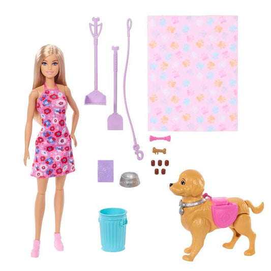 Image of Dolls. Product name - Barbie âMalibuâ Walk & Potty Pup Toy Set, Includes Doll, Walking Pet Dog with Potty Feature, & Accessories in colour by brand - Barbie
