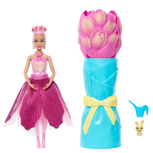 Image of Dolls. Product name - Barbie Petal Pop Scented Fashion Doll with Pink Tulip Dress, Reveal Accessories like Bunny & More in colour by brand - Barbie