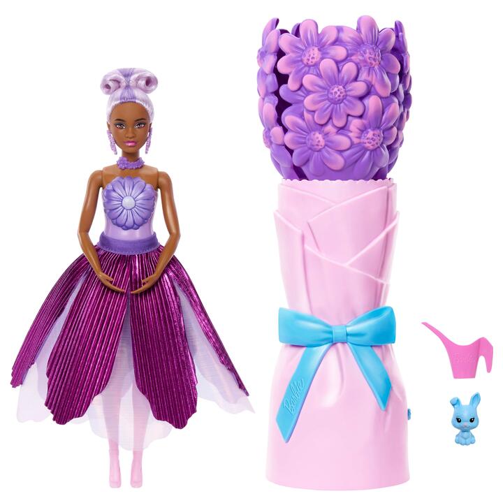 Image of Dolls. Product name - Barbie Petal Pop Scented Fashion Doll with Purple Dress, Reveal Accessories like Bunny & More in colour by brand - Barbie
