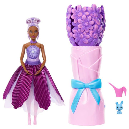 Image of Dolls. Product name - Barbie Petal Pop Scented Fashion Doll with Purple Dress, Reveal Accessories like Bunny & More in colour by brand - Barbie