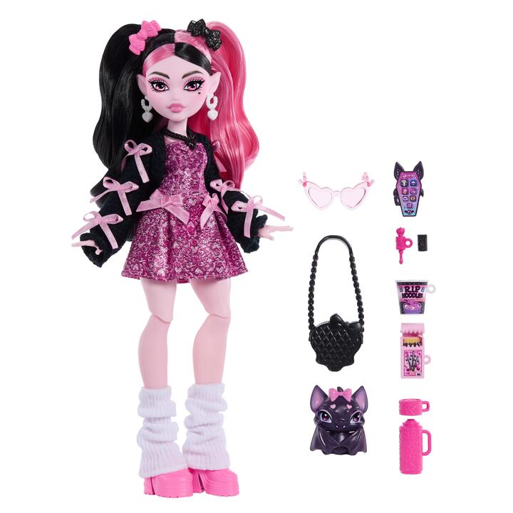 Image of Dolls. Product name - Monster High Draculaura Fashion Doll in Bow Dress with Pet Bat Count Fabulous and 7 Accessories in colour by brand - Monster High
