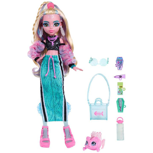 Image of Dolls. Product name - Monster High Lagoona Blue Fashion Doll in Maxi Skirt with Pet Neptuna and 7 Accessories in colour by brand - Monster High