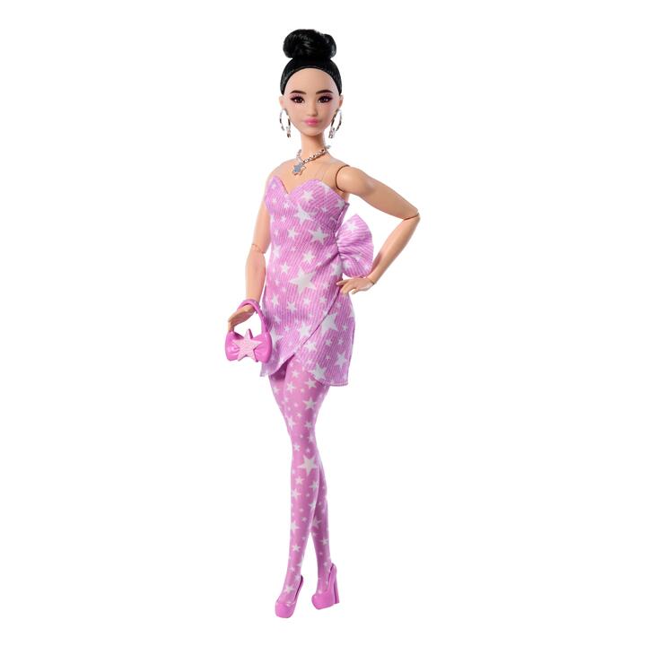 Image of Dolls. Product name - Barbie Deluxe Style Fashion Doll #11 in Pink Denim Star-Print Dress, Black Hair in Bun in colour by brand - Barbie