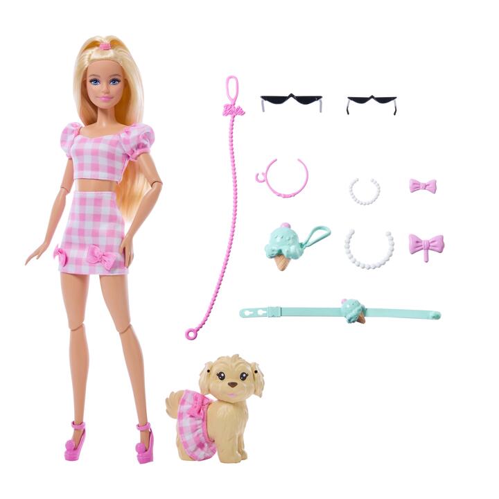 Image of Dolls. Product name - Barbie Twinning Looks Fashion Doll with Pet Dog, Matching Pink Clothes & Accessories, Blonde in colour by brand - Barbie