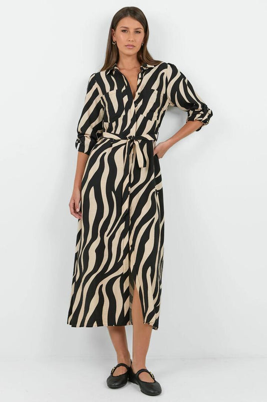Image of Dresses. Product name - Cyprus Black and Cream Safari LS Shirt Midi Dress in Black And Cream Safari colour by brand - Among the Brave