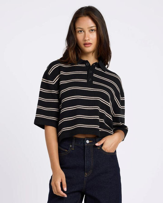Image of a model wearing Outerwear. Product name - Volcom Womens Twisted Sweater Black in Black colour by brand - Volcom