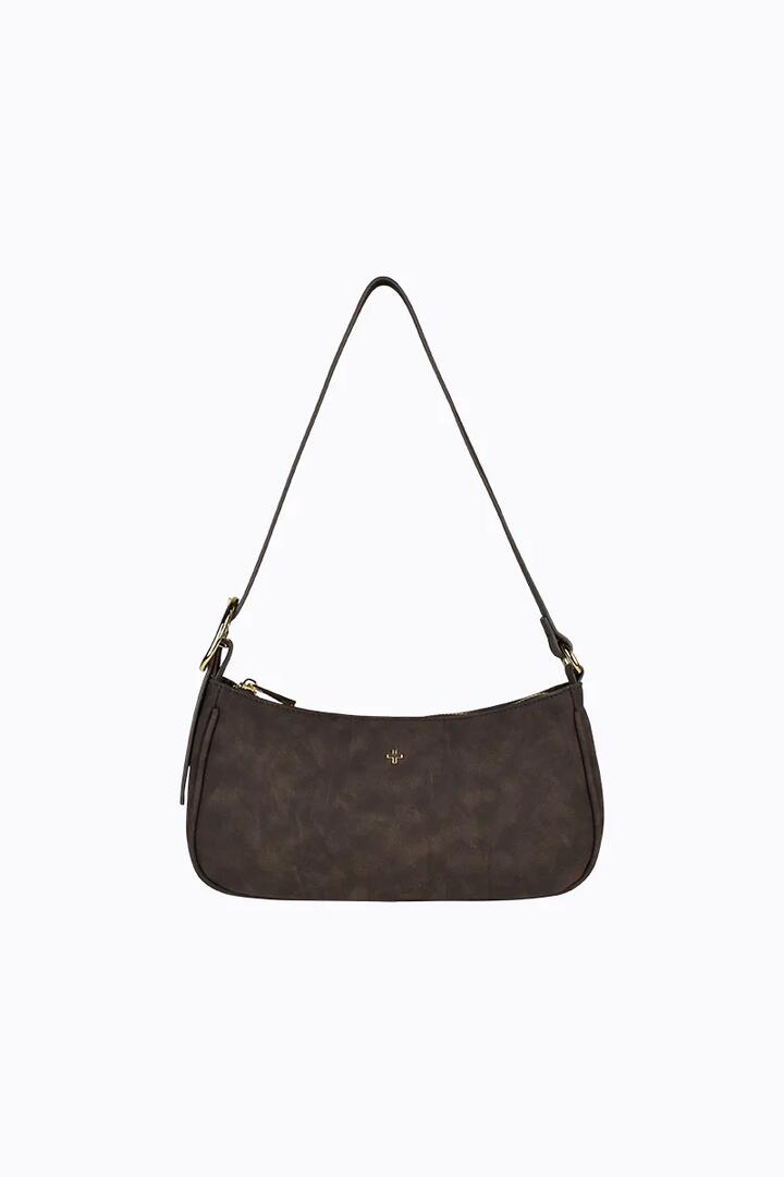 Image of Bags. Product name - Jesabel Chocolate Faux Suede Gold Hardware Shoulder Bag in Chocolate colour by brand - Peta + Jain