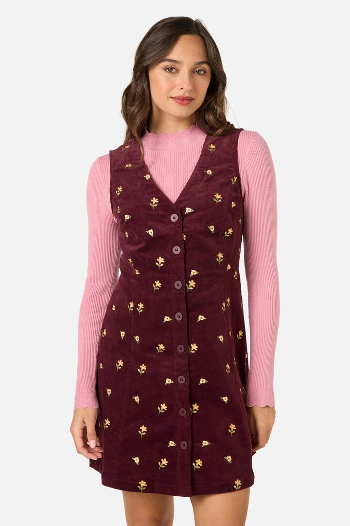 Image of Dresses. Productname: Iris Embroidered Cord Pinafore in Plum colour by brand - Princess Highway