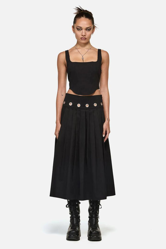 Image of a model wearing Skirts. Productname: Eyelet Punk Midi Skirt in Black colour by brand - Black Friday