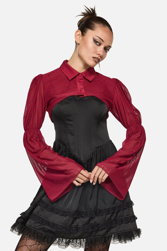 Image of a model wearing Tops. Productname: Cloister Goth Mesh Sleeves in Red colour by brand - Black Friday