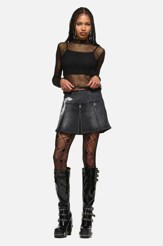 Image of a model wearing Skirts. Productname: Slithering Goth Skort in Black colour by brand - Dangerfield