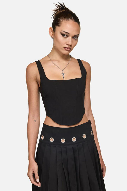 Image of a model wearing Tops. Productname: Knave Goth Corset Top in Black colour by brand - Black Friday