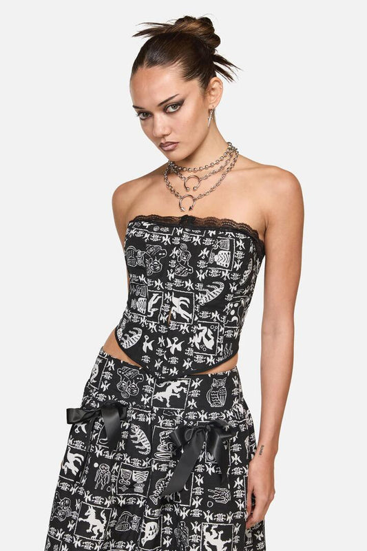 Image of a model wearing Tops. Productname: Manuscript Goth Corset Top in Black colour by brand - Black Friday