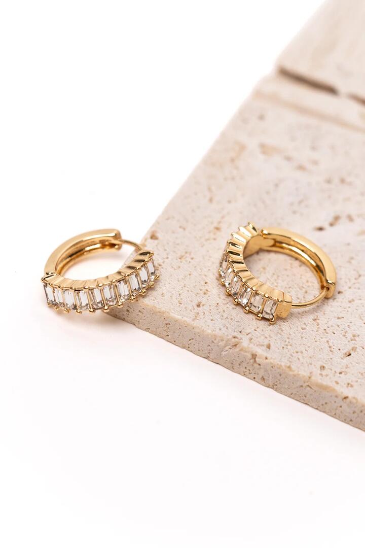 Image of Jewelry. Product name - Clear Rectangle Diamante Gold Hoop Earrings in Gold colour by brand - Humble + Heart