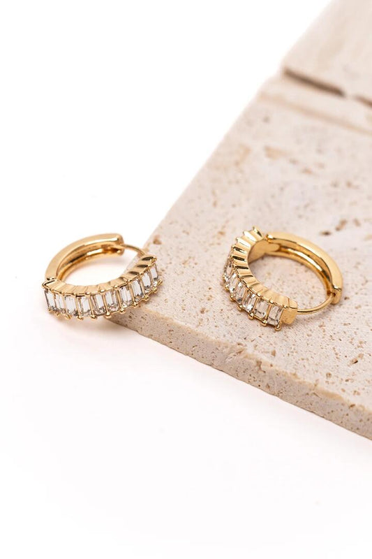 Image of Jewelry. Product name - Clear Rectangle Diamante Gold Hoop Earrings in Gold colour by brand - Humble + Heart