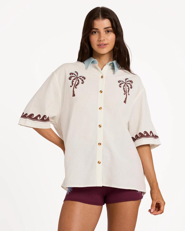 Image of Shirts. Product name - Billabong Womens Surf Cowgirl Short Sleeve Shirt Salt Crystal in Salt Crystal colour by brand - Billabong