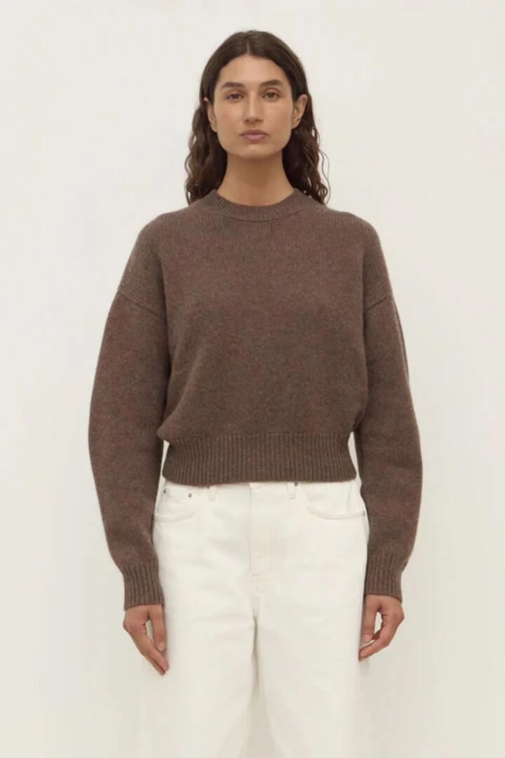 Image of a model wearing Outerwear. Product name - Benny Cocoa Marle Wool Knit Sweater in Brown colour by brand - Assembly Label