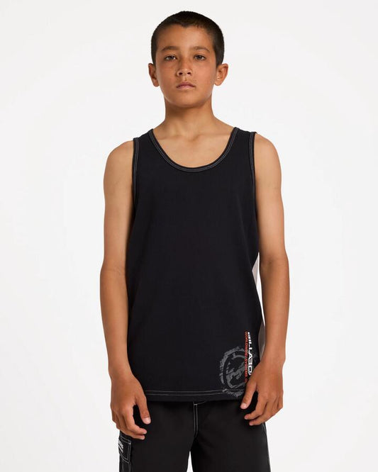 Image of a model wearing Tops. Product name - Billabong Boys 8-16 Boys Spec Blast Tank Top Off Black in Off Black colour by brand - Billabong