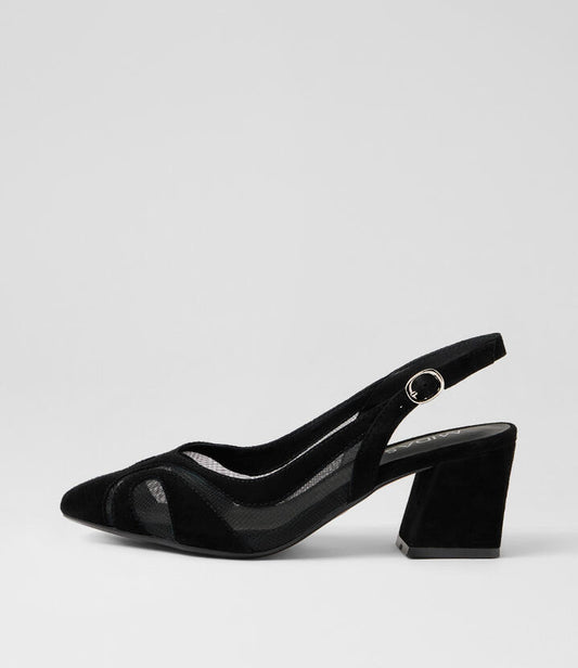 Image of Heels. Product name - Mango Black Suede Mesh Heels in Black colour by brand - MIDAS