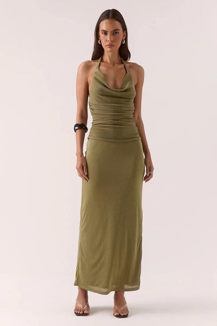 Image of Dresses. Product name - Zeya Soft Khaki Sparkle Mesh Halter Maxi Dress in Khaki colour by brand - Sovere