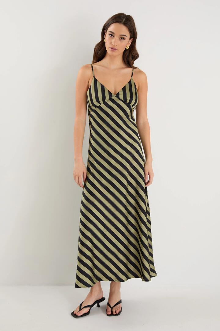 Image of Dresses. Product name - Otherworldly Khaki Black Stripe Satin Bias Slip Midi Dress in Khaki Black Stripe colour by brand - Among the Brave
