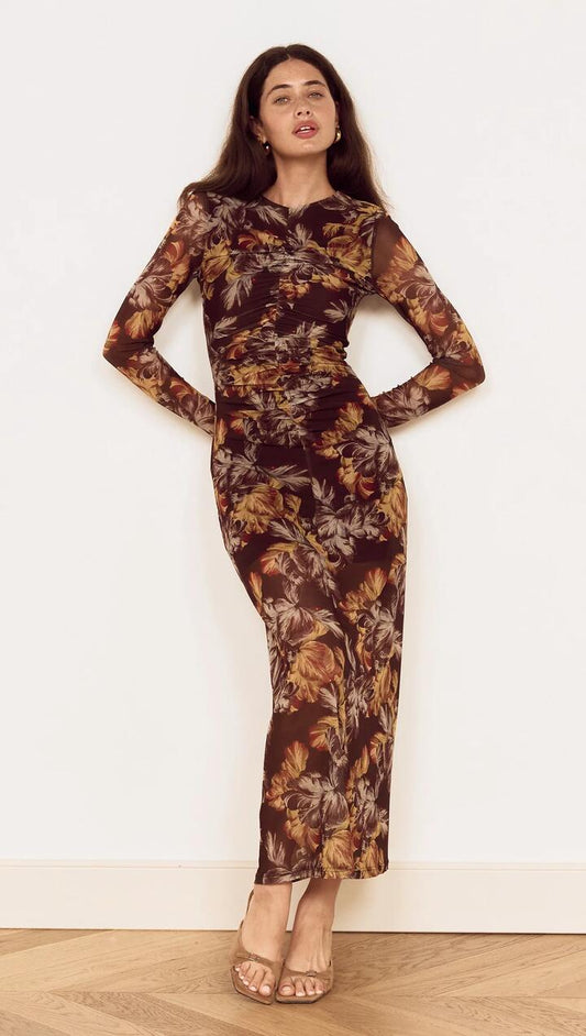 Image of Dresses. Product name - Brown Floral Gathered Mesh Midi Dress in Brown Vintage Floral colour by brand - MINKPINK