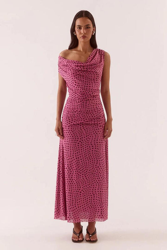 Image of Dresses. Product name - Zuri Mauve Spot Cowl Neck Sleeveless Maxi Dress in Mauve colour by brand - Sovere