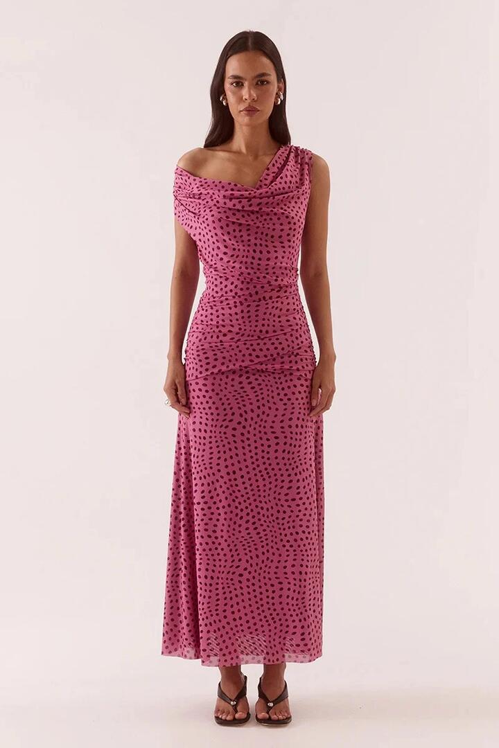 Image of Dresses. Product name - Zuri Mauve Spot Cowl Neck Sleeveless Maxi Dress in Mauve colour by brand - Sovere
