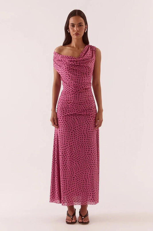 Image of Dresses. Product name - Zuri Mauve Spot Cowl Neck Sleeveless Maxi Dress in Mauve colour by brand - Sovere