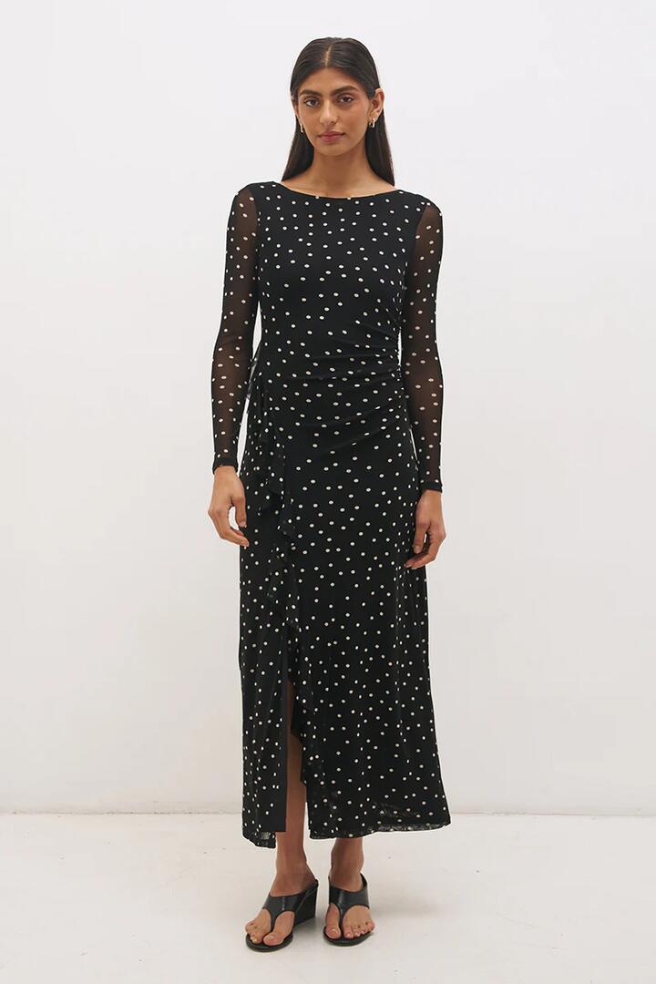 Image of Dresses. Product name - Vesper Black Polka Dot Front Gather Mesh LS Mini Dress in Black colour by brand - Mon Renn