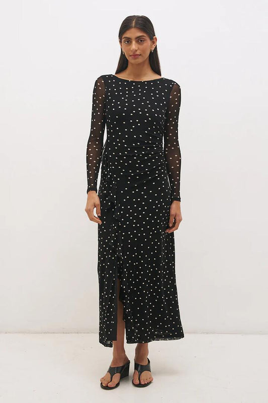 Image of Dresses. Product name - Vesper Black Polka Dot Front Gather Mesh LS Mini Dress in Black colour by brand - Mon Renn