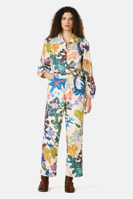 Image of a model wearing Pants. Product name - Beetlemania Boiler Suit in Print colour by brand - Gorman