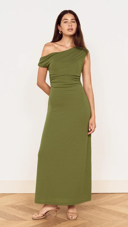 Image of Dresses. Product name - Green One Shoulder Mesh Midi Dress in Khaki colour by brand - MINKPINK