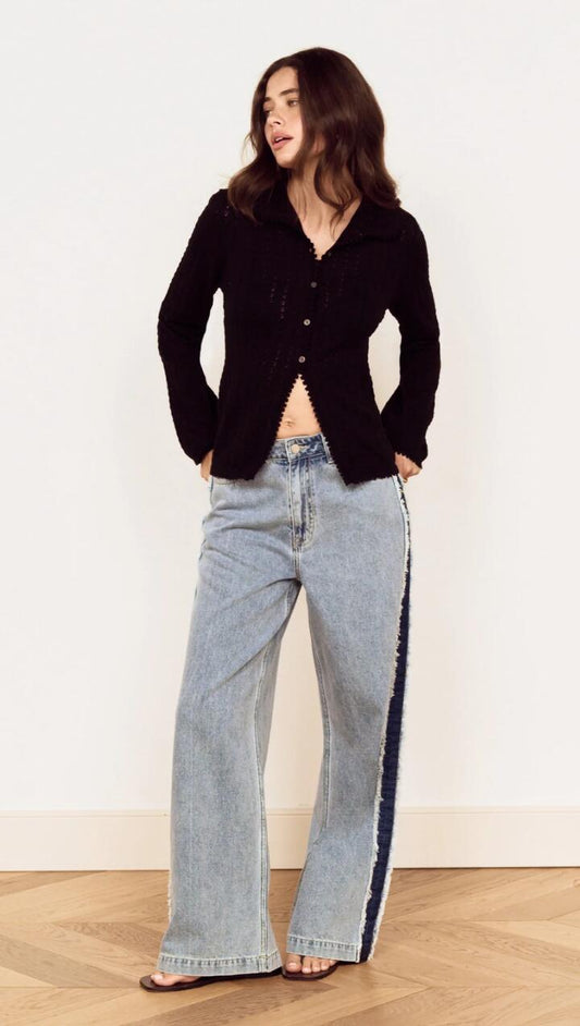 Image of Jeans. Product name - Frayed Contrast Stripe Denim Jeans in Mid Blue Denim colour by brand - MINKPINK