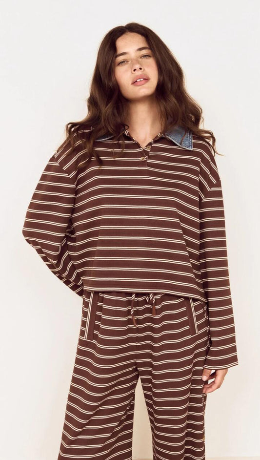 Image of a model wearing Tops. Product name - Constrast Collar Striped Jersey Polo Top in Chocolate Stripe colour by brand - MINKPINK