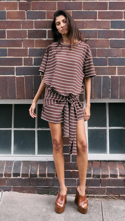 Image of Dresses. Product name - Striped Tie Waist Jersey Mini Dress in Chocolate Stripe colour by brand - MINKPINK