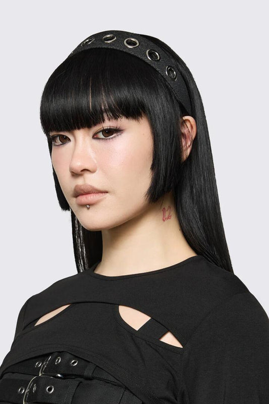 Image of Hair Accessories. Productname: Denim Eyelet Headband in Black colour by brand - Dangerfield