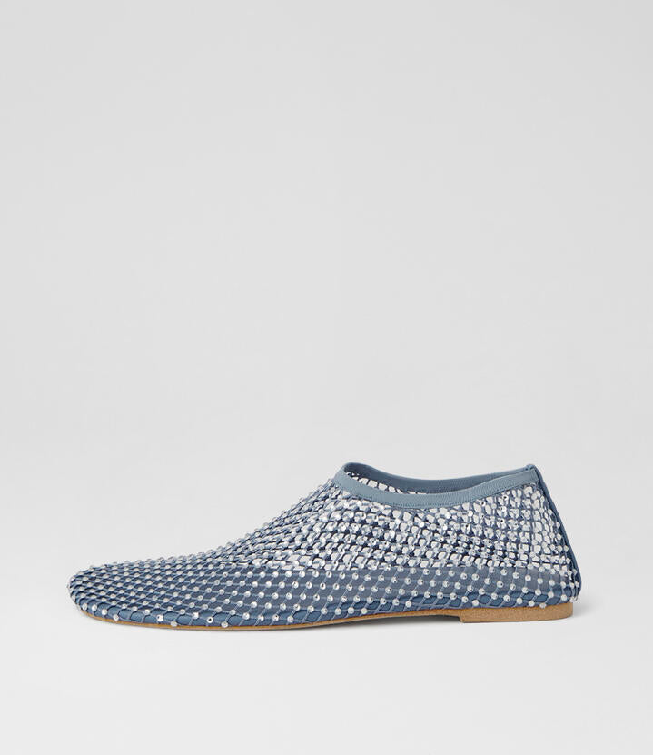 Image of Shoes. Product name - Reaffirm Steel Jewel Mesh Flat Shoes in Steel-Jewel colour by brand - MOLLINI