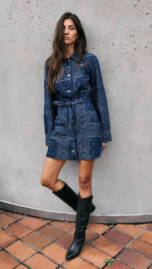 Image of Dresses. Product name - Paisley Jacquard Denim Shirt Dress in Indigo colour by brand - MINKPINK