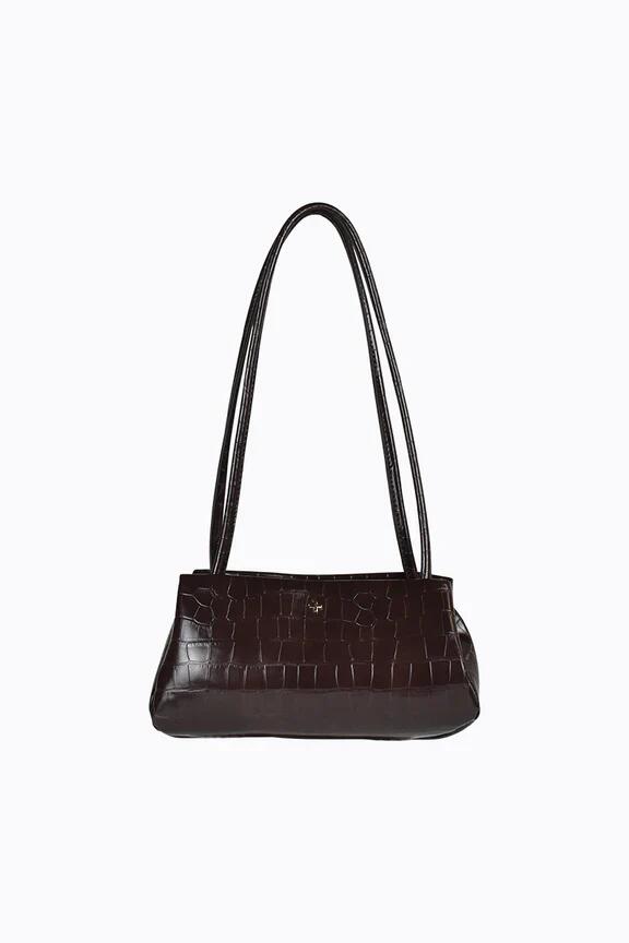 Image of Bags. Product name - Idris Chocolate Vegan Leather Gold Hardware Shoulder Bag in Chocolate colour by brand - Peta + Jain