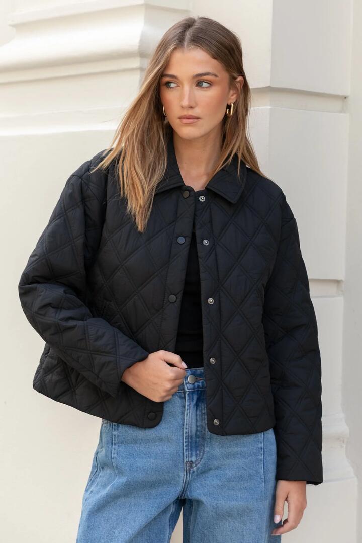 Image of Coats & Jackets. Product name - Absolute Black Collared Quilted Puffer Jacket in Black colour by brand - Among the Brave
