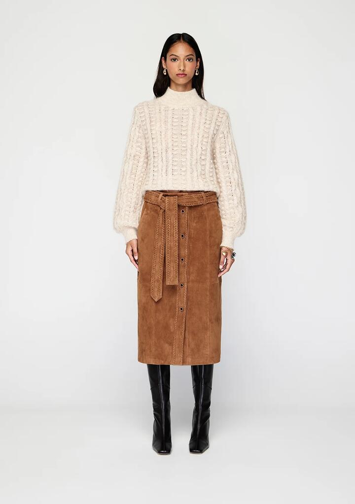 Image of a model wearing Skirts. Productname: Nola Suede Midi Skirt | MOS The Label in Toffee colour by brand - MOS The Label