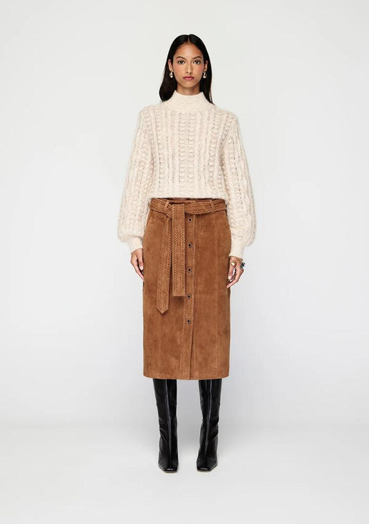 Image of a model wearing Skirts. Productname: Nola Suede Midi Skirt | MOS The Label in Toffee colour by brand - MOS The Label