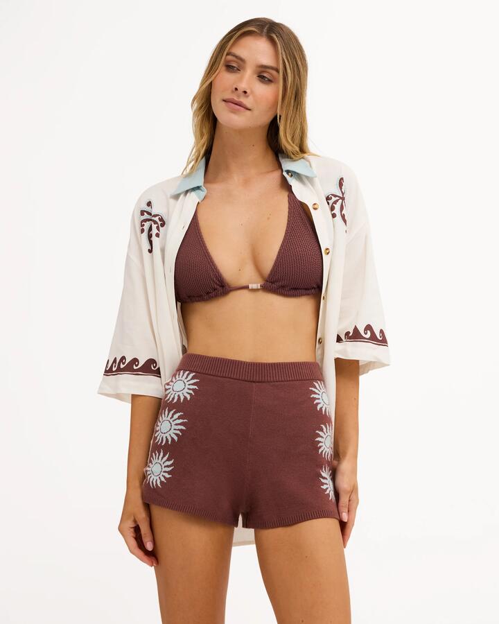 Image of a model wearing Shorts. Product name - Billabong Womens Sun Shadow Elastic Waist Shorts Espresso in Espresso colour by brand - Billabong