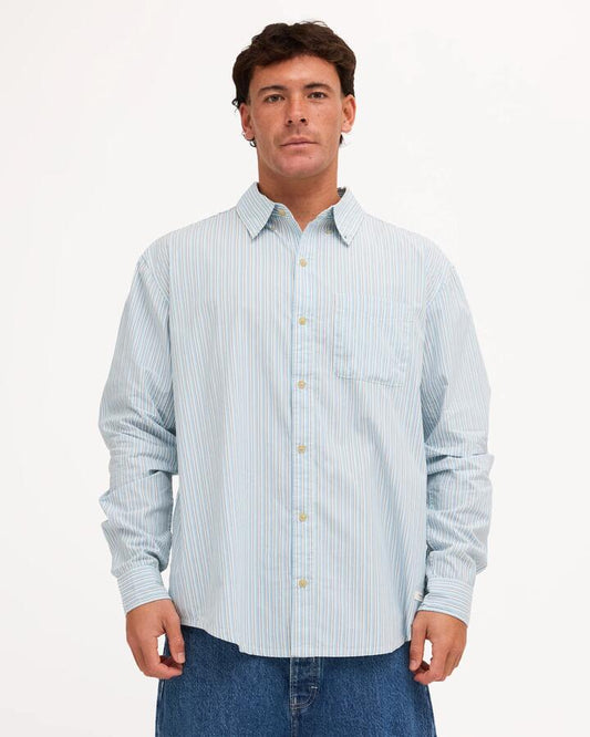 Image of a model wearing Tops. Product name - Element Mens Button Down Long Sleeve Shirt Classic Stripes Blue in Classic Stripes Blue colour by brand - Element